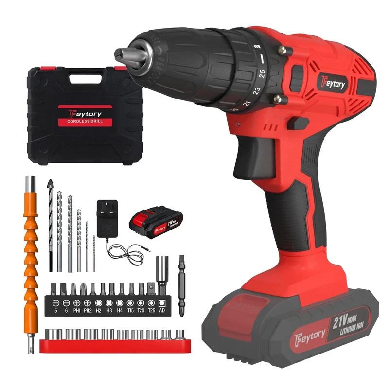 DayPlus 21 V Akku-Bohrmaschine, 3/8 Zoll Handschrauber-Bohrer-Set mit 25+1 Drehmomenteinstellung, 1.5 Ah Lithium-Ionen-Akku und Schnellladegerät