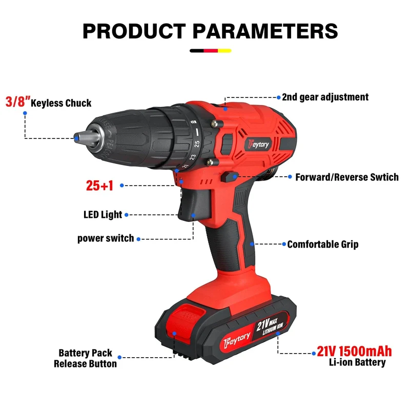 DayPlus 21 V Akku-Bohrmaschine, 3/8 Zoll Handschrauber-Bohrer-Set mit 25+1 Drehmomenteinstellung, 1.5 Ah Lithium-Ionen-Akku und Schnellladegerät