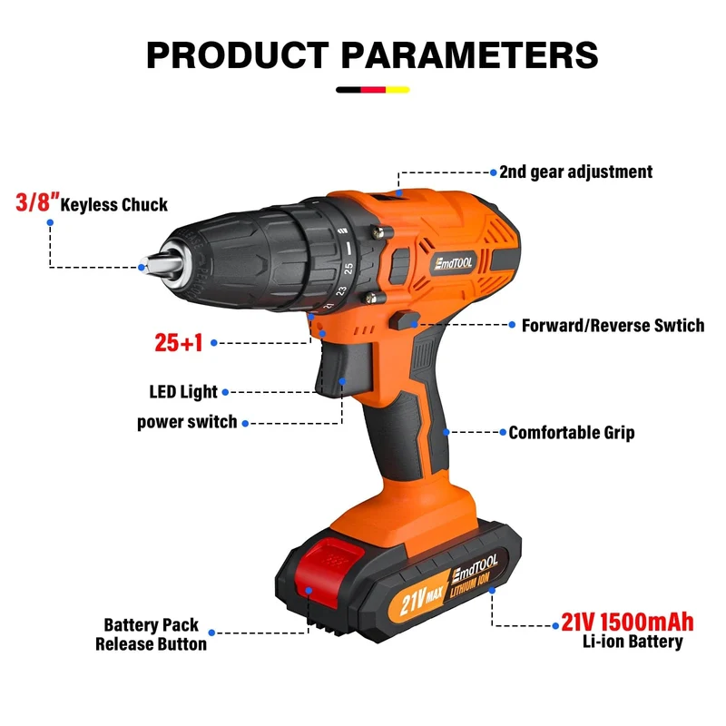 DayPlus 21 V Akku-Bohrmaschine, 3/8 Zoll Handschrauber-Bohrer-Set mit 25+1 Drehmomenteinstellung, 1.5 Ah Lithium-Ionen-Akku und Schnellladegerät