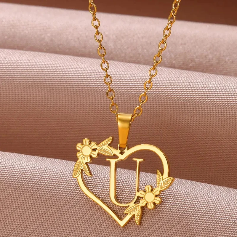 Gold Farbe zierliche Blume Initialen Halskette Frauen Mädchen Edelstahl Herz Brief Choker Halskette Beste Geschenke Alphabet Schmuck