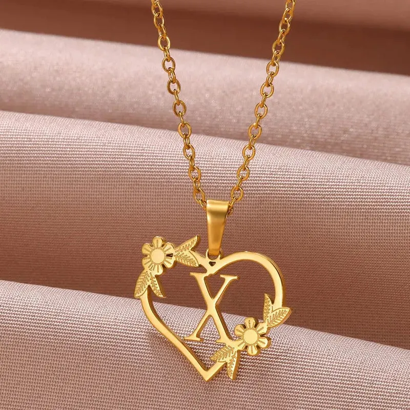 Gold Farbe zierliche Blume Initialen Halskette Frauen Mädchen Edelstahl Herz Brief Choker Halskette Beste Geschenke Alphabet Schmuck