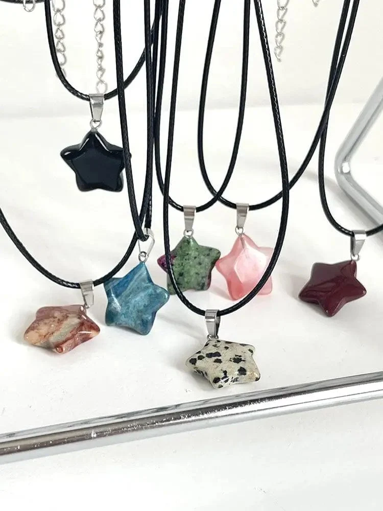 Halskette mit Sechseck-Anhänger aus Naturstein, Kristall, Rosenquarz, Opal, Stern für Frauen, Fluorit, Lapislazuli, Kugelpendel, Trendschmuck, Geschenk