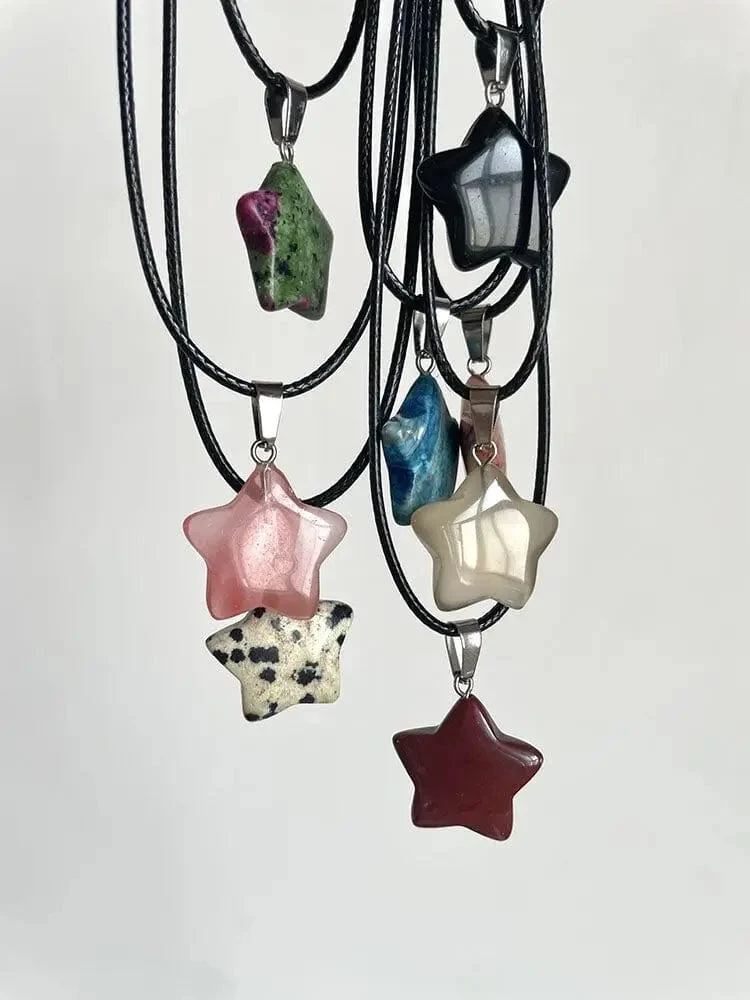 Halskette mit Sechseck-Anhänger aus Naturstein, Kristall, Rosenquarz, Opal, Stern für Frauen, Fluorit, Lapislazuli, Kugelpendel, Trendschmuck, Geschenk