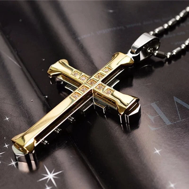 2024 neue Männliche Kristall Kreuz Jesus Anhänger Gold/Schwarz/Blau Farbe Zirkonia Halskette Edelstahl Schmuck