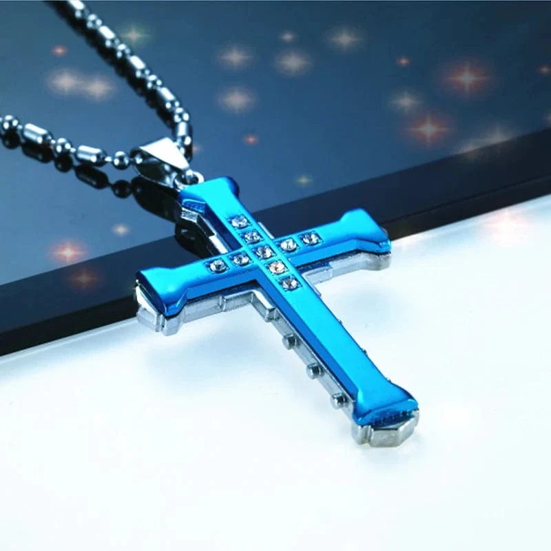 2024 neue Männliche Kristall Kreuz Jesus Anhänger Gold/Schwarz/Blau Farbe Zirkonia Halskette Edelstahl Schmuck