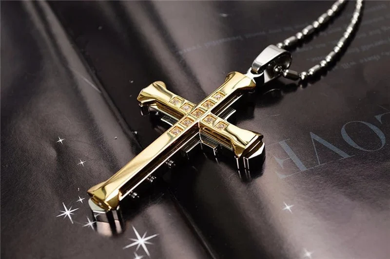 2024 neue Männliche Kristall Kreuz Jesus Anhänger Gold/Schwarz/Blau Farbe Zirkonia Halskette Edelstahl Schmuck
