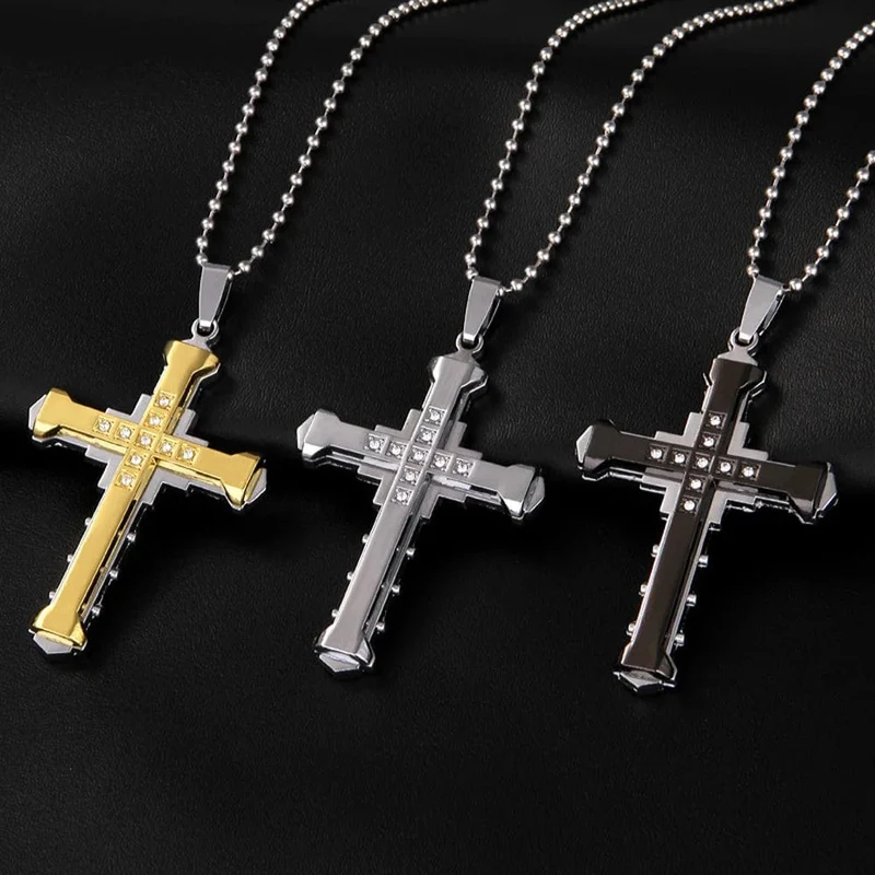 2024 neue Männliche Kristall Kreuz Jesus Anhänger Gold/Schwarz/Blau Farbe Zirkonia Halskette Edelstahl Schmuck