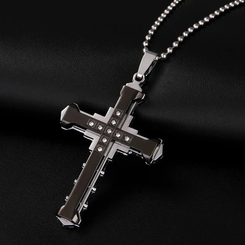 2024 neue Männliche Kristall Kreuz Jesus Anhänger Gold/Schwarz/Blau Farbe Zirkonia Halskette Edelstahl Schmuck