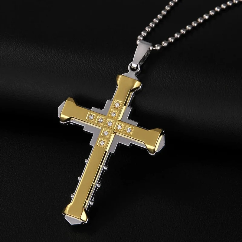 2024 neue Männliche Kristall Kreuz Jesus Anhänger Gold/Schwarz/Blau Farbe Zirkonia Halskette Edelstahl Schmuck