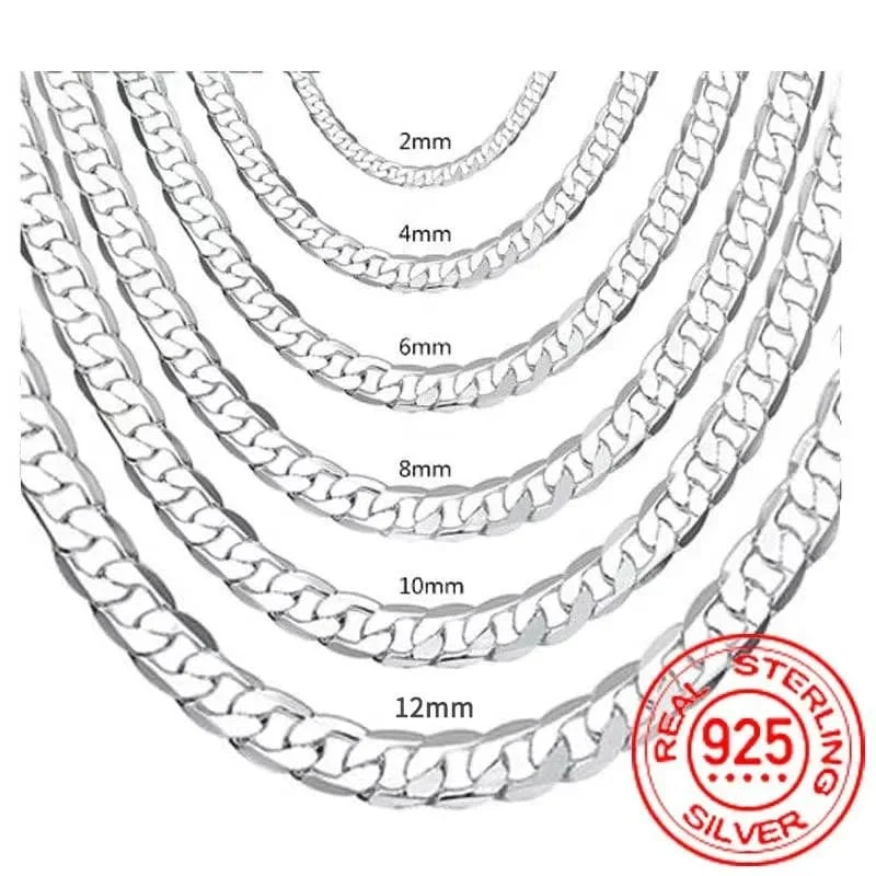 Herren-Halskette aus 925er Sterlingsilber, 2/4/6/8/10/12 MM, 40-75 cm, Gesichtskette, Karabinerverschluss, Herren- und Damen-Verlobungsschmuck, Geschenke
