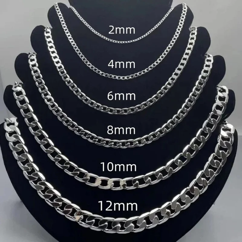 Herren-Halskette aus 925er Sterlingsilber, 2/4/6/8/10/12 MM, 40-75 cm, Gesichtskette, Karabinerverschluss, Herren- und Damen-Verlobungsschmuck, Geschenke