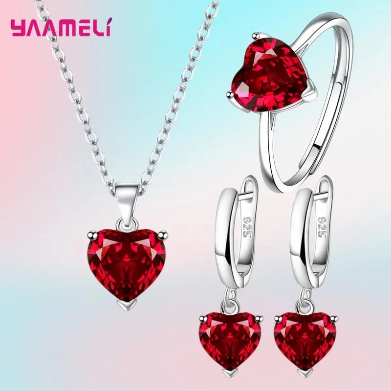 Feine 925 Sterling Silber Farbe Schmuck Geschenk-Sets für Frauen Weibliche Romantische Herz Zirkon Huggie Ohrringe Anhänger Halskette Ring
