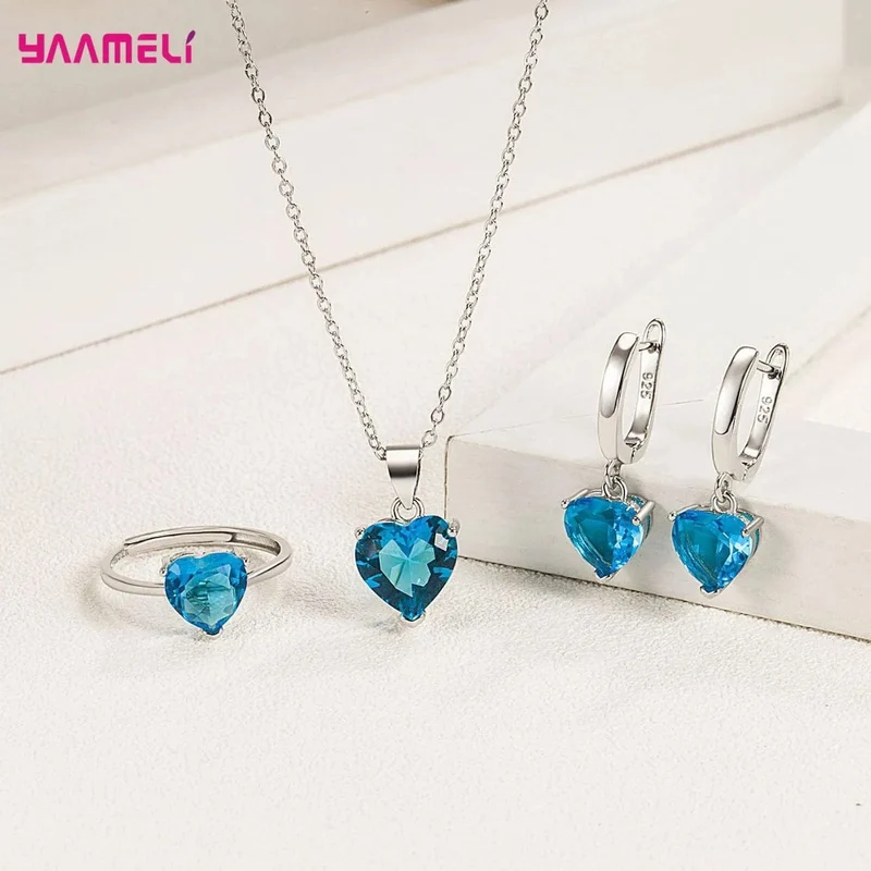Feine 925 Sterling Silber Farbe Schmuck Geschenk-Sets für Frauen Weibliche Romantische Herz Zirkon Huggie Ohrringe Anhänger Halskette Ring