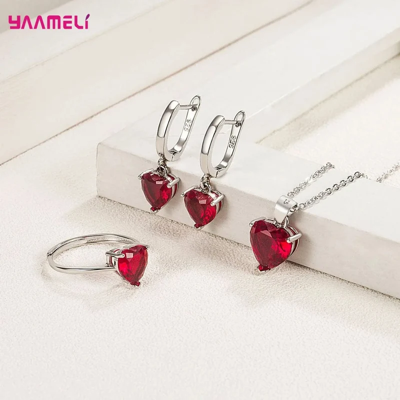Feine 925 Sterling Silber Farbe Schmuck Geschenk-Sets für Frauen Weibliche Romantische Herz Zirkon Huggie Ohrringe Anhänger Halskette Ring