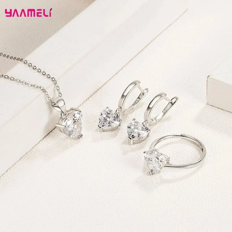 Feine 925 Sterling Silber Farbe Schmuck Geschenk-Sets für Frauen Weibliche Romantische Herz Zirkon Huggie Ohrringe Anhänger Halskette Ring
