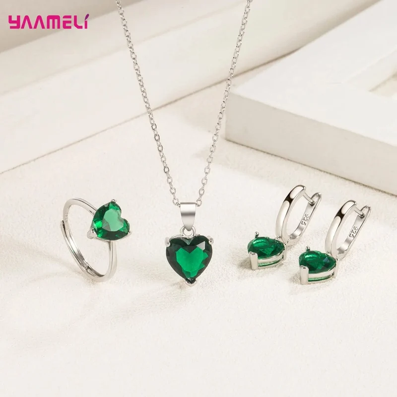 Feine 925 Sterling Silber Farbe Schmuck Geschenk-Sets für Frauen Weibliche Romantische Herz Zirkon Huggie Ohrringe Anhänger Halskette Ring