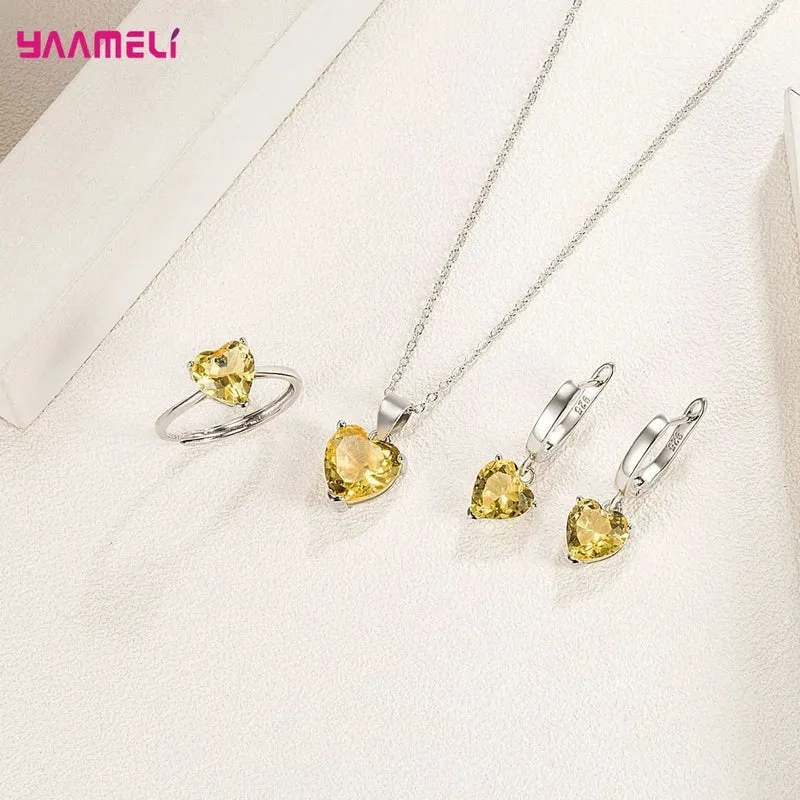 Feine 925 Sterling Silber Farbe Schmuck Geschenk-Sets für Frauen Weibliche Romantische Herz Zirkon Huggie Ohrringe Anhänger Halskette Ring