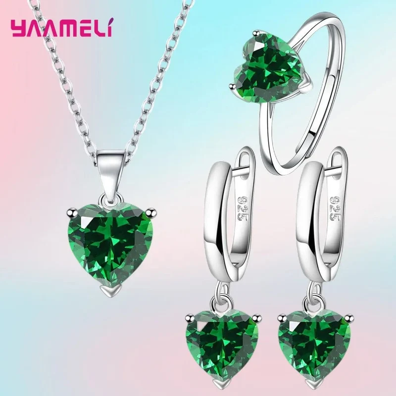 Feine 925 Sterling Silber Farbe Schmuck Geschenk-Sets für Frauen Weibliche Romantische Herz Zirkon Huggie Ohrringe Anhänger Halskette Ring