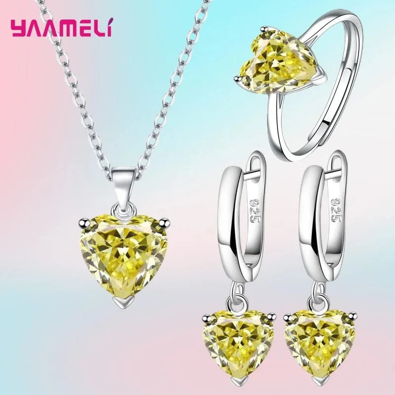Feine 925 Sterling Silber Farbe Schmuck Geschenk-Sets für Frauen Weibliche Romantische Herz Zirkon Huggie Ohrringe Anhänger Halskette Ring