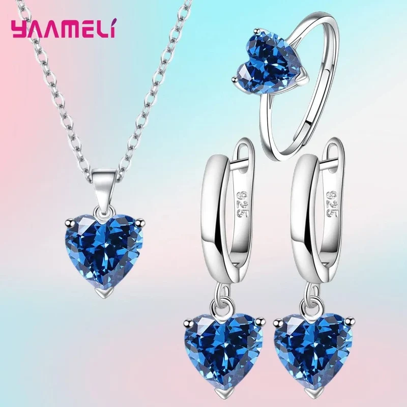 Feine 925 Sterling Silber Farbe Schmuck Geschenk-Sets für Frauen Weibliche Romantische Herz Zirkon Huggie Ohrringe Anhänger Halskette Ring