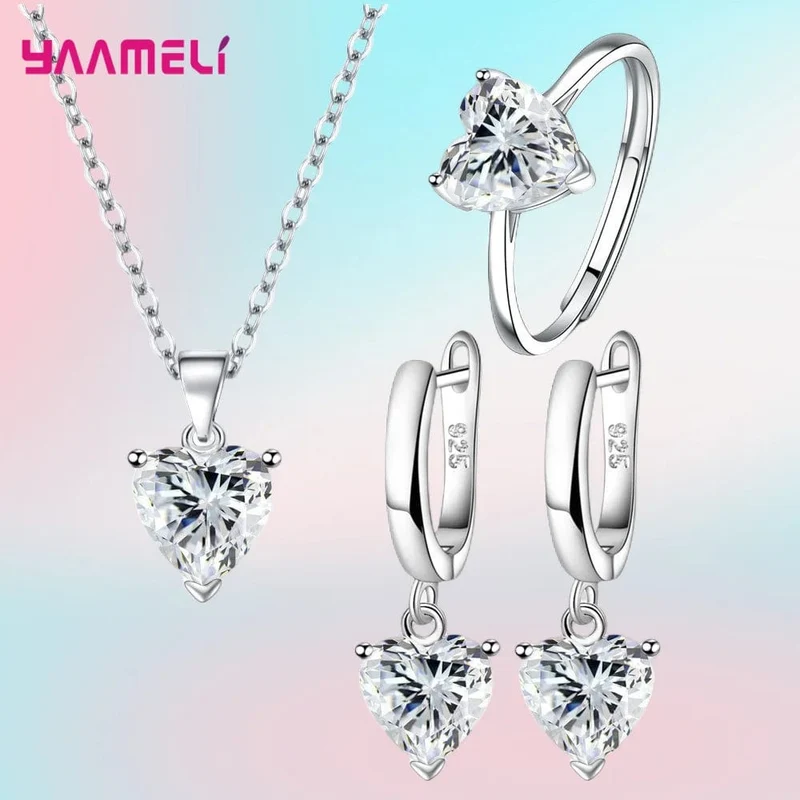 Feine 925 Sterling Silber Farbe Schmuck Geschenk-Sets für Frauen Weibliche Romantische Herz Zirkon Huggie Ohrringe Anhänger Halskette Ring