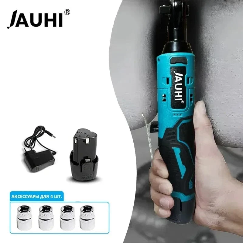 JAUHI 12 V Akku-Schraubenschlüssel, 3/8 Zoll, rechtwinkliger Ratschenschlüssel, Winkelbohrer, Schraubendreher, Entfernungsschraube, Mutter, Autoreparaturwerkzeug