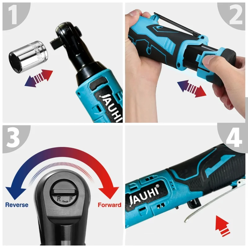 JAUHI 12 V Akku-Schraubenschlüssel, 3/8 Zoll, rechtwinkliger Ratschenschlüssel, Winkelbohrer, Schraubendreher, Entfernungsschraube, Mutter, Autoreparaturwerkzeug