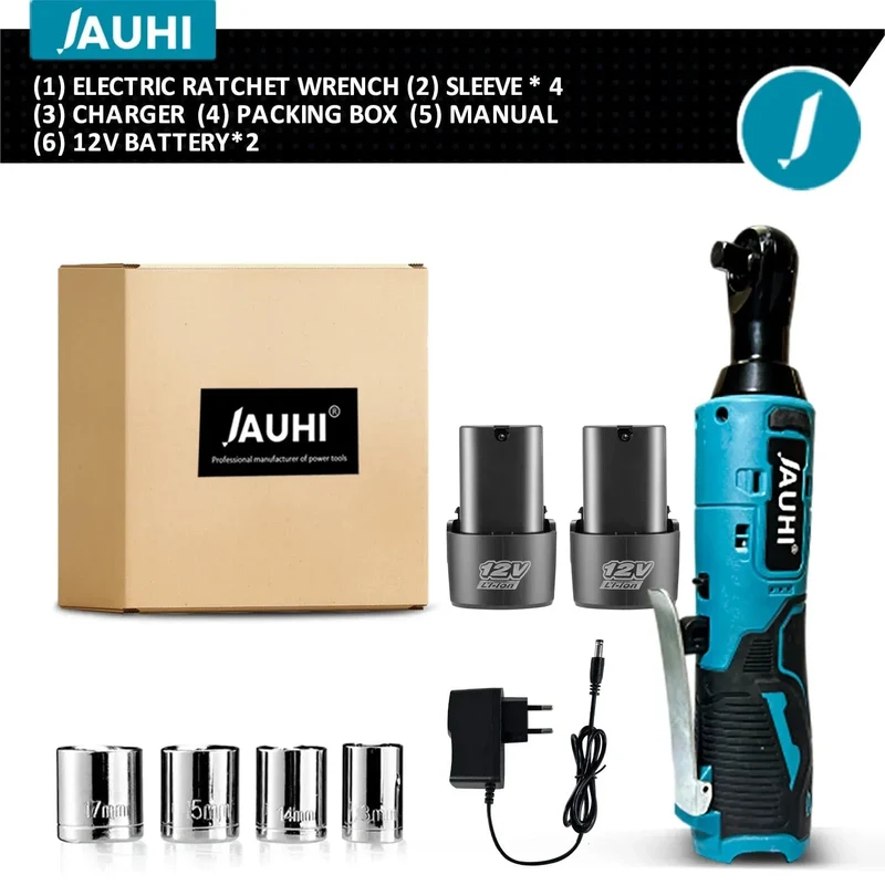 JAUHI 12 V Akku-Schraubenschlüssel, 3/8 Zoll, rechtwinkliger Ratschenschlüssel, Winkelbohrer, Schraubendreher, Entfernungsschraube, Mutter, Autoreparaturwerkzeug