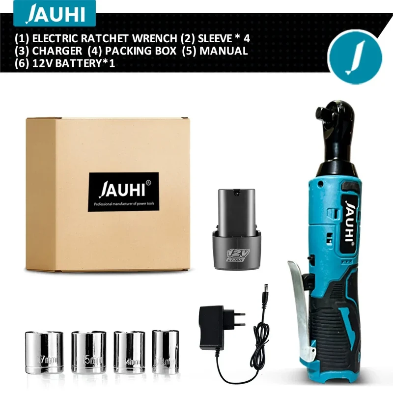 JAUHI 12 V Akku-Schraubenschlüssel, 3/8 Zoll, rechtwinkliger Ratschenschlüssel, Winkelbohrer, Schraubendreher, Entfernungsschraube, Mutter, Autoreparaturwerkzeug