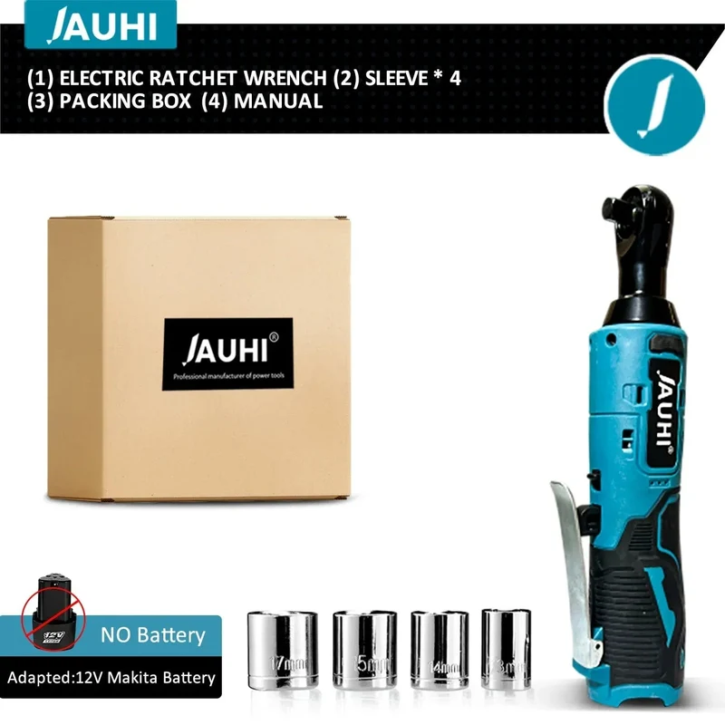 JAUHI 12 V Akku-Schraubenschlüssel, 3/8 Zoll, rechtwinkliger Ratschenschlüssel, Winkelbohrer, Schraubendreher, Entfernungsschraube, Mutter, Autoreparaturwerkzeug