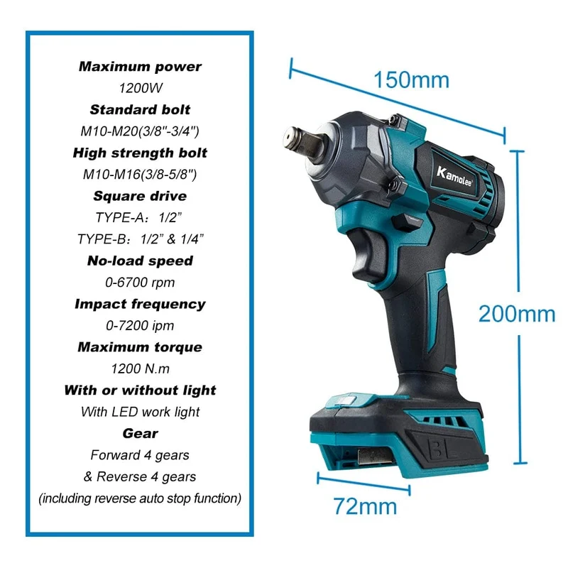 Kamolee Elektroschrauber DTW500, bürstenlos, kabellos, 1200 Nm, inklusive Akku und Ladegerät, kompatibel mit 18-V-Makita-Akku