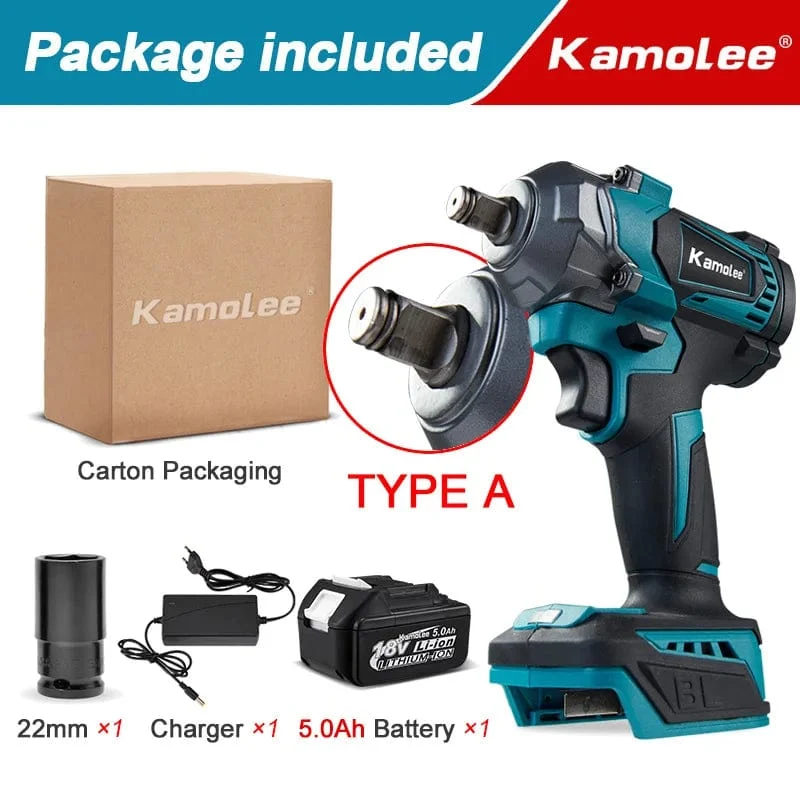 Kamolee Elektroschrauber DTW500, bürstenlos, kabellos, 1200 Nm, inklusive Akku und Ladegerät, kompatibel mit 18-V-Makita-Akku