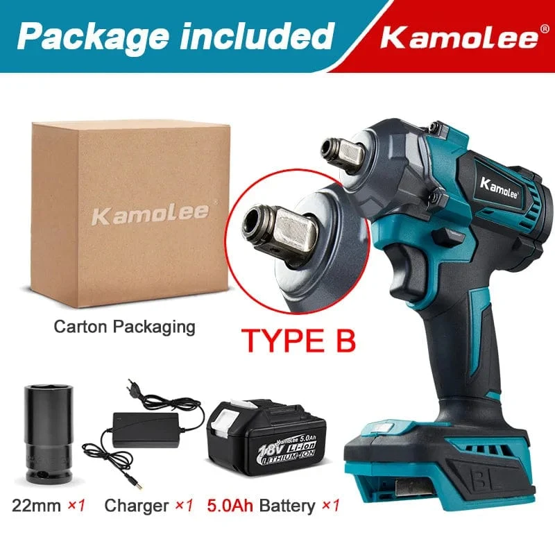 Kamolee Elektroschrauber DTW500, bürstenlos, kabellos, 1200 Nm, inklusive Akku und Ladegerät, kompatibel mit 18-V-Makita-Akku