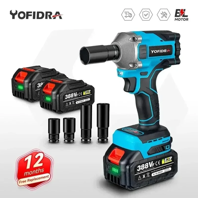Yofidra 1000N.m 20V bürstenloser elektrischer Schlagschrauber, Akku-Schraubenschlüssel, 1/2 Zoll Li-Ionen-Akku für Makita 18V Akku