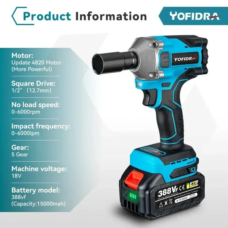 Yofidra 1000N.m 20V bürstenloser elektrischer Schlagschrauber, Akku-Schraubenschlüssel, 1/2 Zoll Li-Ionen-Akku für Makita 18V Akku
