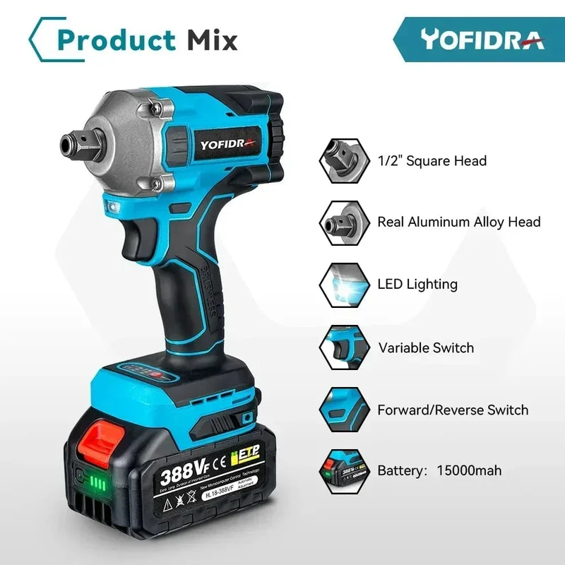 Yofidra 1000N.m 20V bürstenloser elektrischer Schlagschrauber, Akku-Schraubenschlüssel, 1/2 Zoll Li-Ionen-Akku für Makita 18V Akku