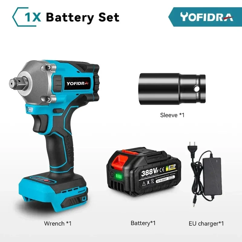 Yofidra 1000N.m 20V bürstenloser elektrischer Schlagschrauber, Akku-Schraubenschlüssel, 1/2 Zoll Li-Ionen-Akku für Makita 18V Akku