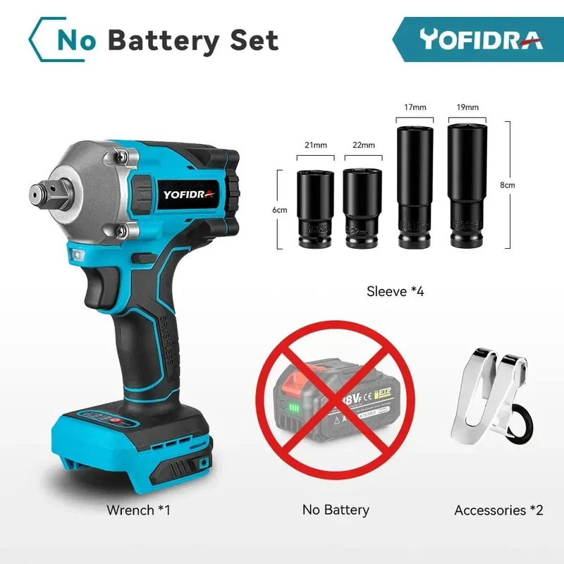 Yofidra 1000N.m 20V bürstenloser elektrischer Schlagschrauber, Akku-Schraubenschlüssel, 1/2 Zoll Li-Ionen-Akku für Makita 18V Akku