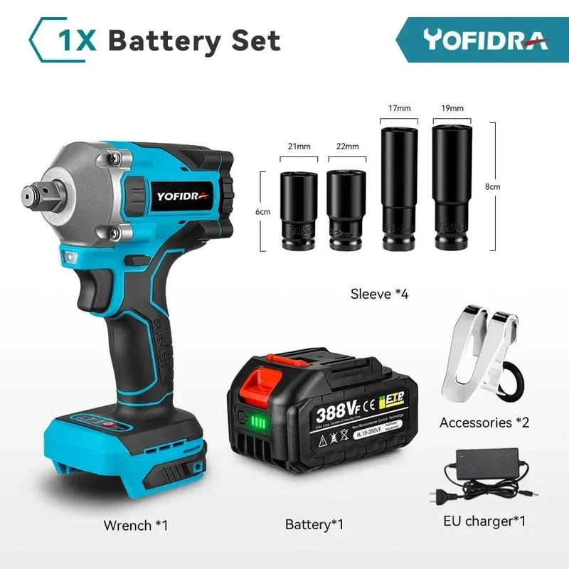 Yofidra 1000N.m 20V bürstenloser elektrischer Schlagschrauber, Akku-Schraubenschlüssel, 1/2 Zoll Li-Ionen-Akku für Makita 18V Akku
