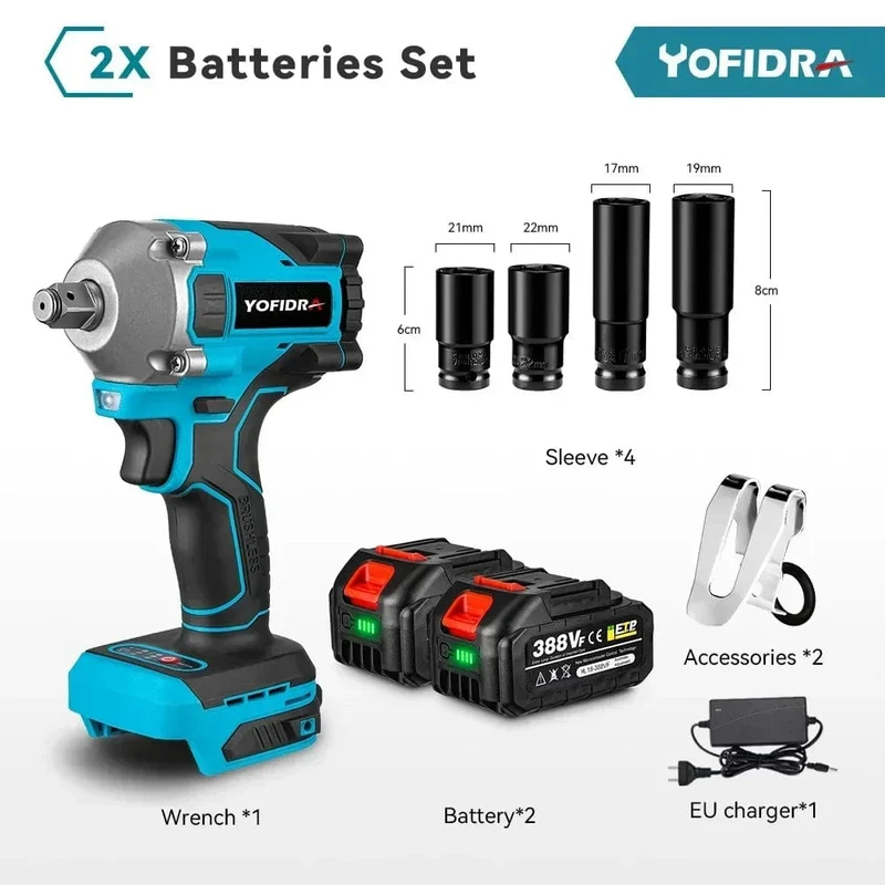 Yofidra 1000N.m 20V bürstenloser elektrischer Schlagschrauber, Akku-Schraubenschlüssel, 1/2 Zoll Li-Ionen-Akku für Makita 18V Akku