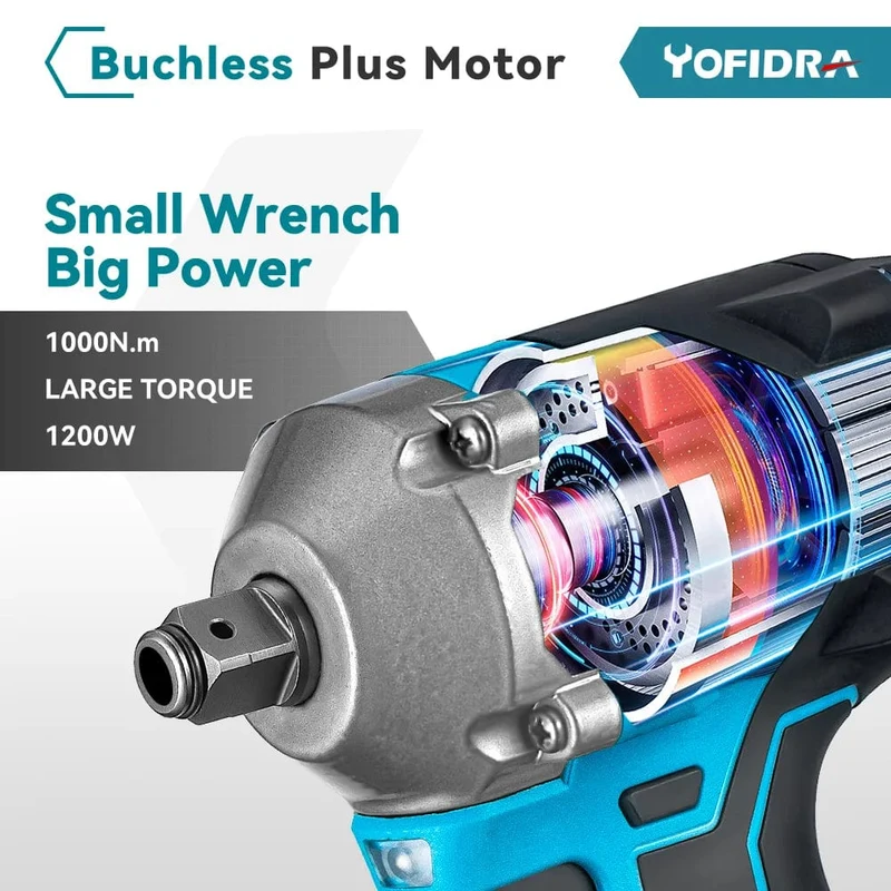 Yofidra 1000N.m 20V bürstenloser elektrischer Schlagschrauber, Akku-Schraubenschlüssel, 1/2 Zoll Li-Ionen-Akku für Makita 18V Akku