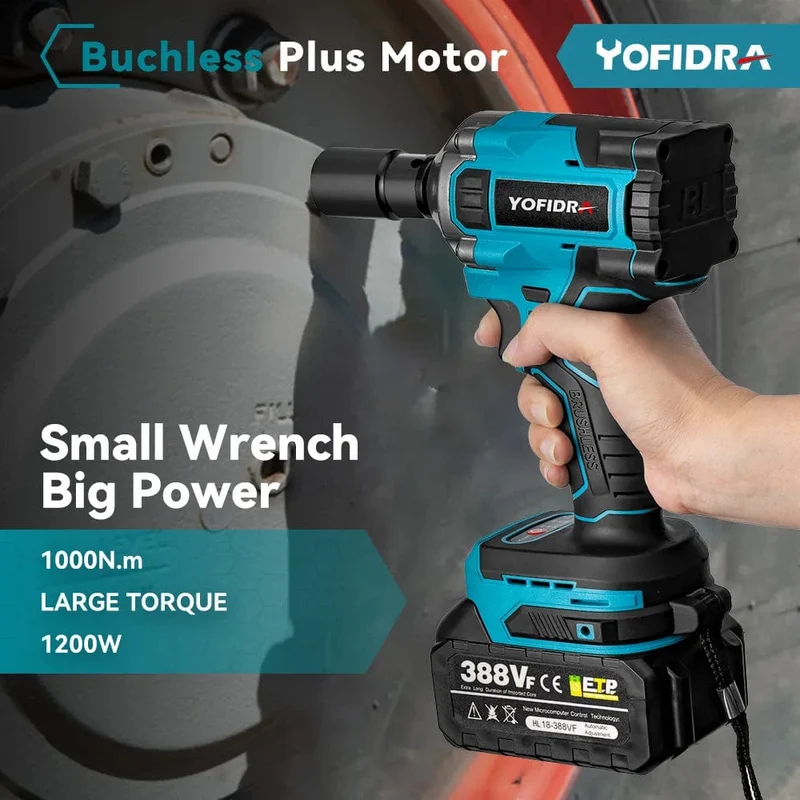 Yofidra 1000N.m 20V bürstenloser elektrischer Schlagschrauber, Akku-Schraubenschlüssel, 1/2 Zoll Li-Ionen-Akku für Makita 18V Akku