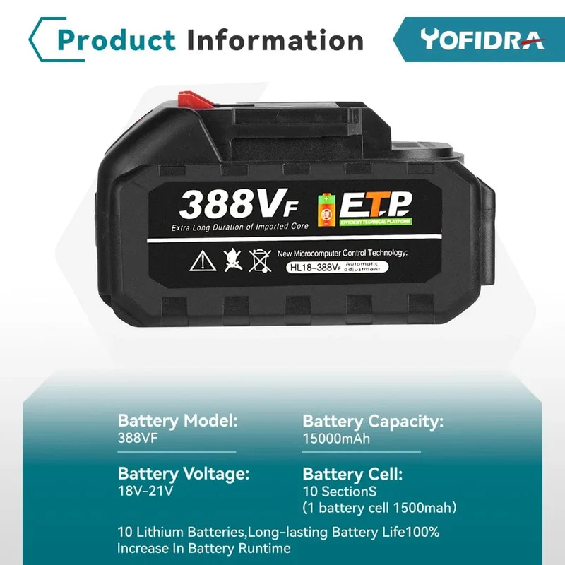 Yofidra 1000N.m 20V bürstenloser elektrischer Schlagschrauber, Akku-Schraubenschlüssel, 1/2 Zoll Li-Ionen-Akku für Makita 18V Akku