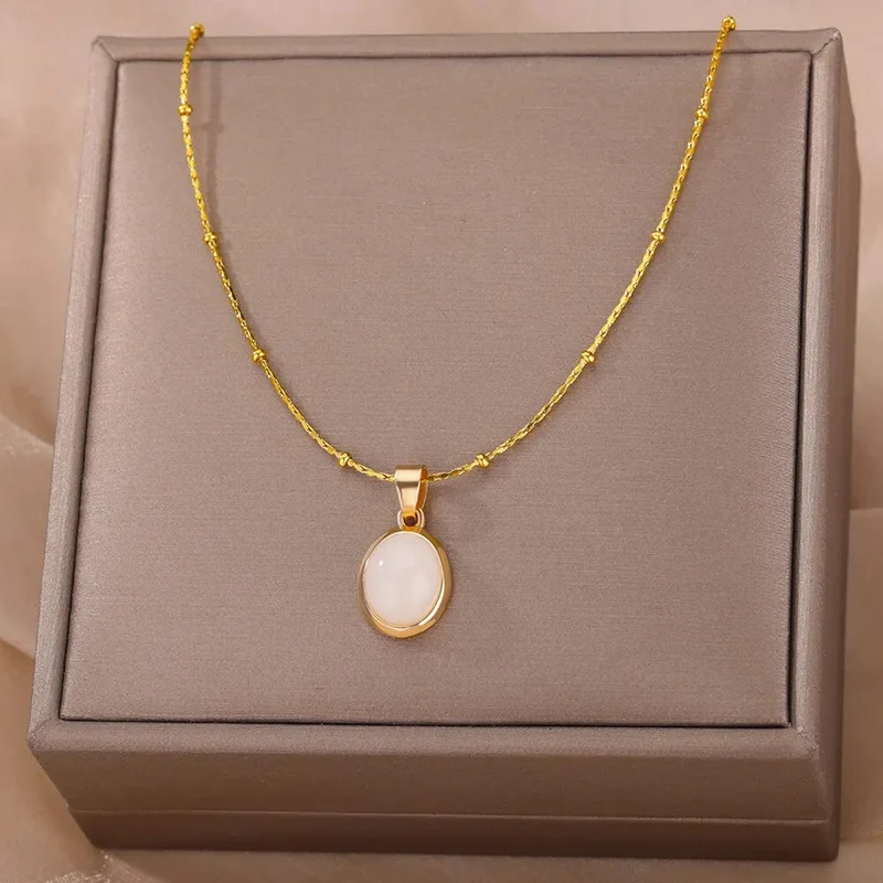Mode Stein Opal Oval Halskette Für Frauen Edelstahl Gold Farbe Oval Stein Anhänger Halskette Hochzeit Ästhetischen Schmuck Geschenk