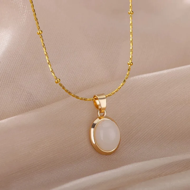Mode Stein Opal Oval Halskette Für Frauen Edelstahl Gold Farbe Oval Stein Anhänger Halskette Hochzeit Ästhetischen Schmuck Geschenk