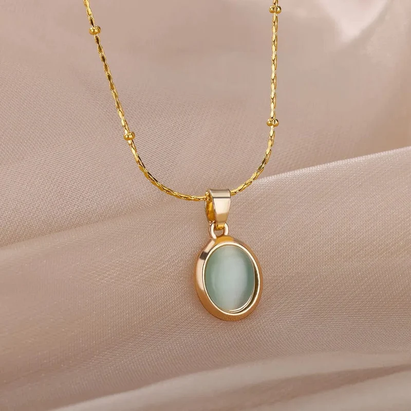 Mode Stein Opal Oval Halskette Für Frauen Edelstahl Gold Farbe Oval Stein Anhänger Halskette Hochzeit Ästhetischen Schmuck Geschenk