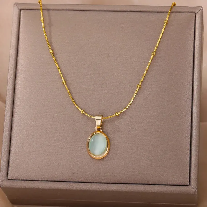 Mode Stein Opal Oval Halskette Für Frauen Edelstahl Gold Farbe Oval Stein Anhänger Halskette Hochzeit Ästhetischen Schmuck Geschenk