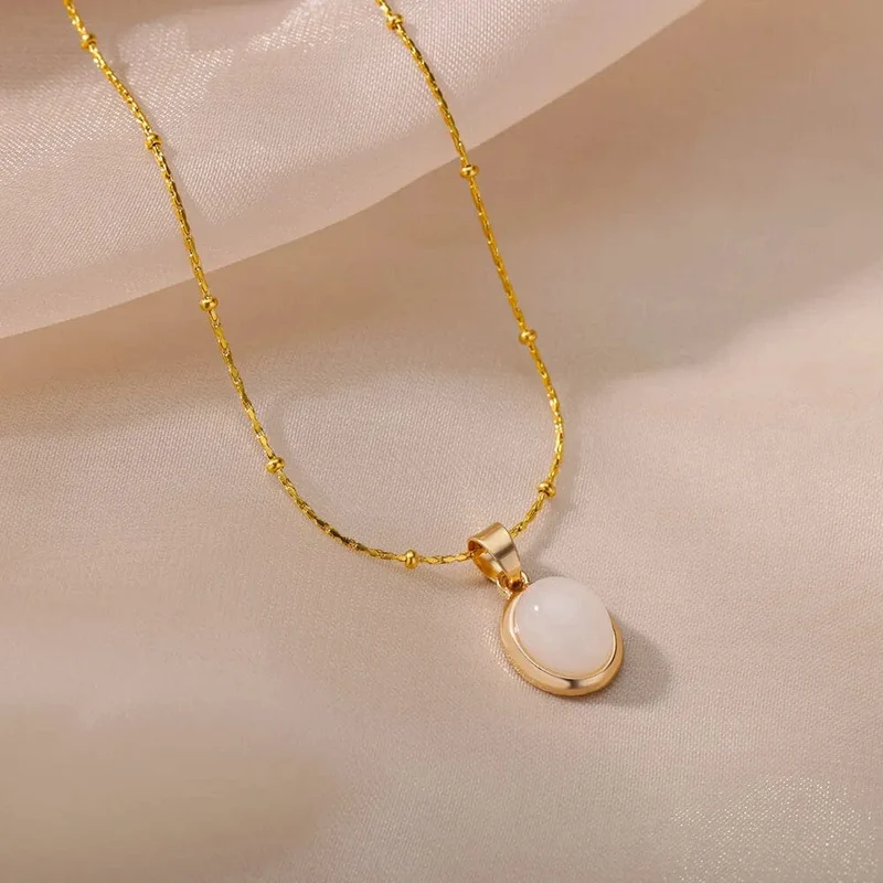 Mode Stein Opal Oval Halskette Für Frauen Edelstahl Gold Farbe Oval Stein Anhänger Halskette Hochzeit Ästhetischen Schmuck Geschenk