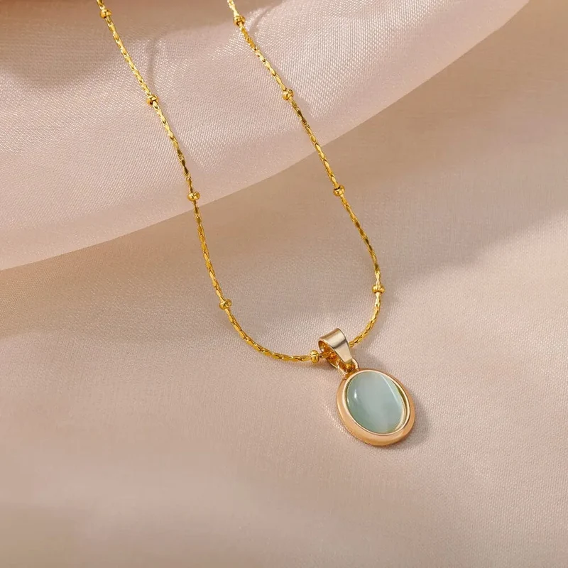 Mode Stein Opal Oval Halskette Für Frauen Edelstahl Gold Farbe Oval Stein Anhänger Halskette Hochzeit Ästhetischen Schmuck Geschenk