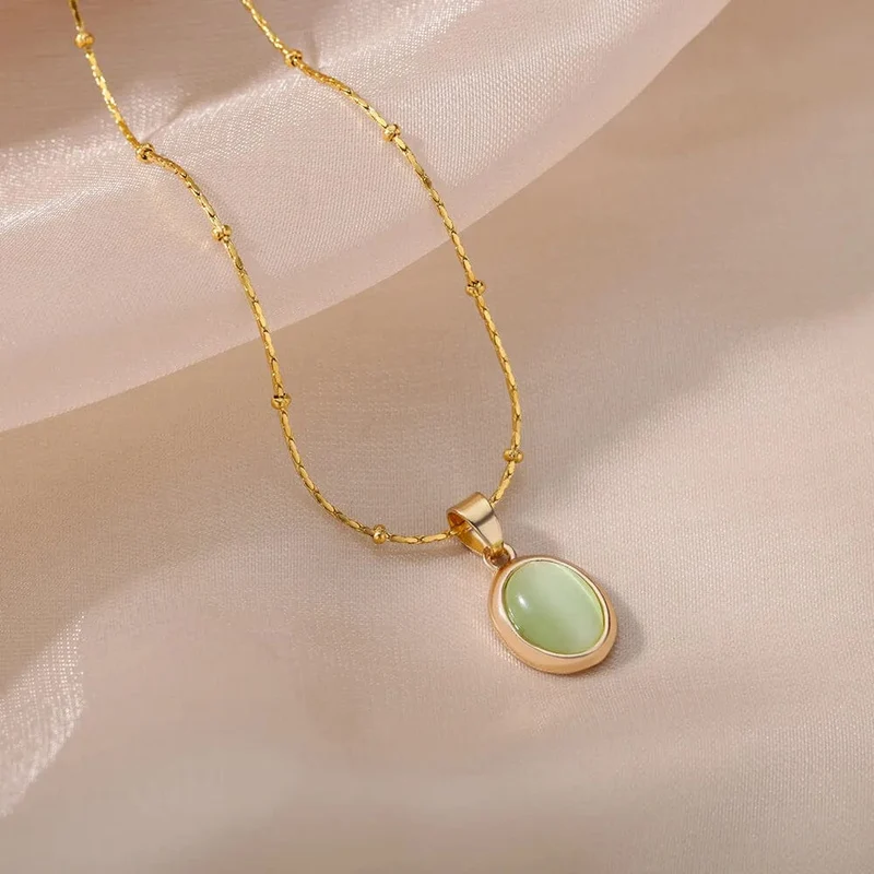 Mode Stein Opal Oval Halskette Für Frauen Edelstahl Gold Farbe Oval Stein Anhänger Halskette Hochzeit Ästhetischen Schmuck Geschenk